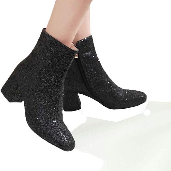 NWT Wool + Pepper Co. Black Glitter Sparkly Heeled Booties - Picture 4 of 8